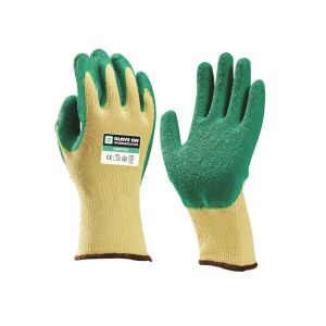 HANDSCHOEN NAADLOOS GEBREID MET GROENE GERUWDE LATEX COATING GLOVE ON GRIPPER MAAT 9/L